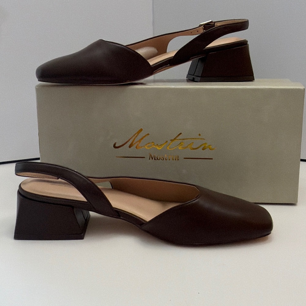 Mostrin Womens Square Toe Slingback Block Heel Pumps Dark Brown Size 38.5
